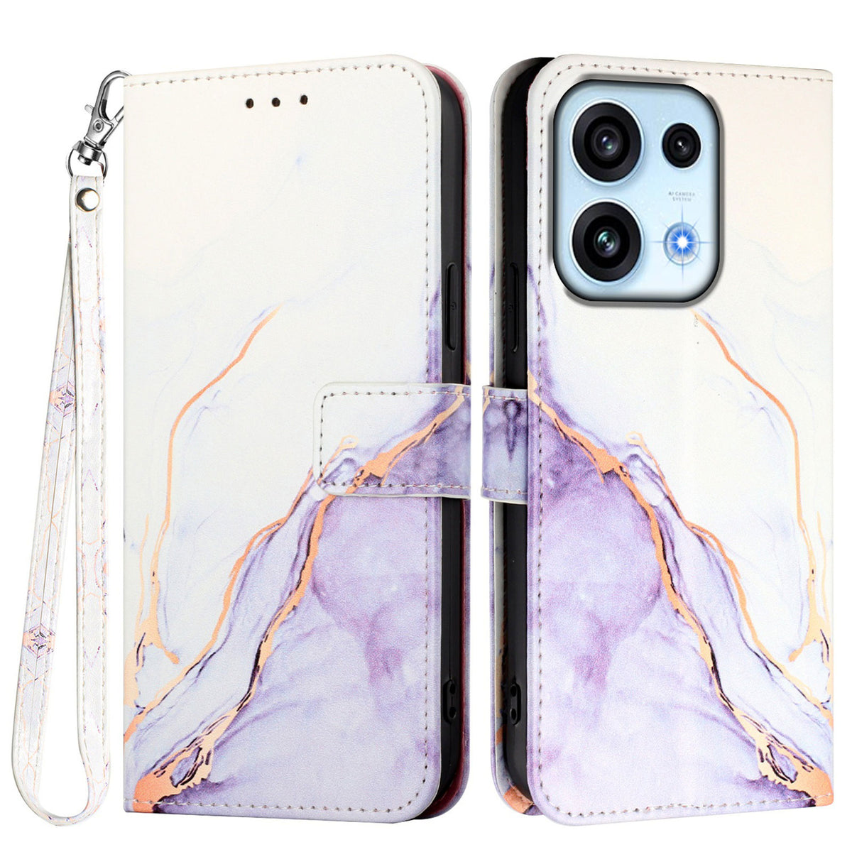 Til Oppo Reno16 FS 5G / Oppo Reno16 F 5G etui med strop, marmormønstret lædertelefondæksel, kortholder