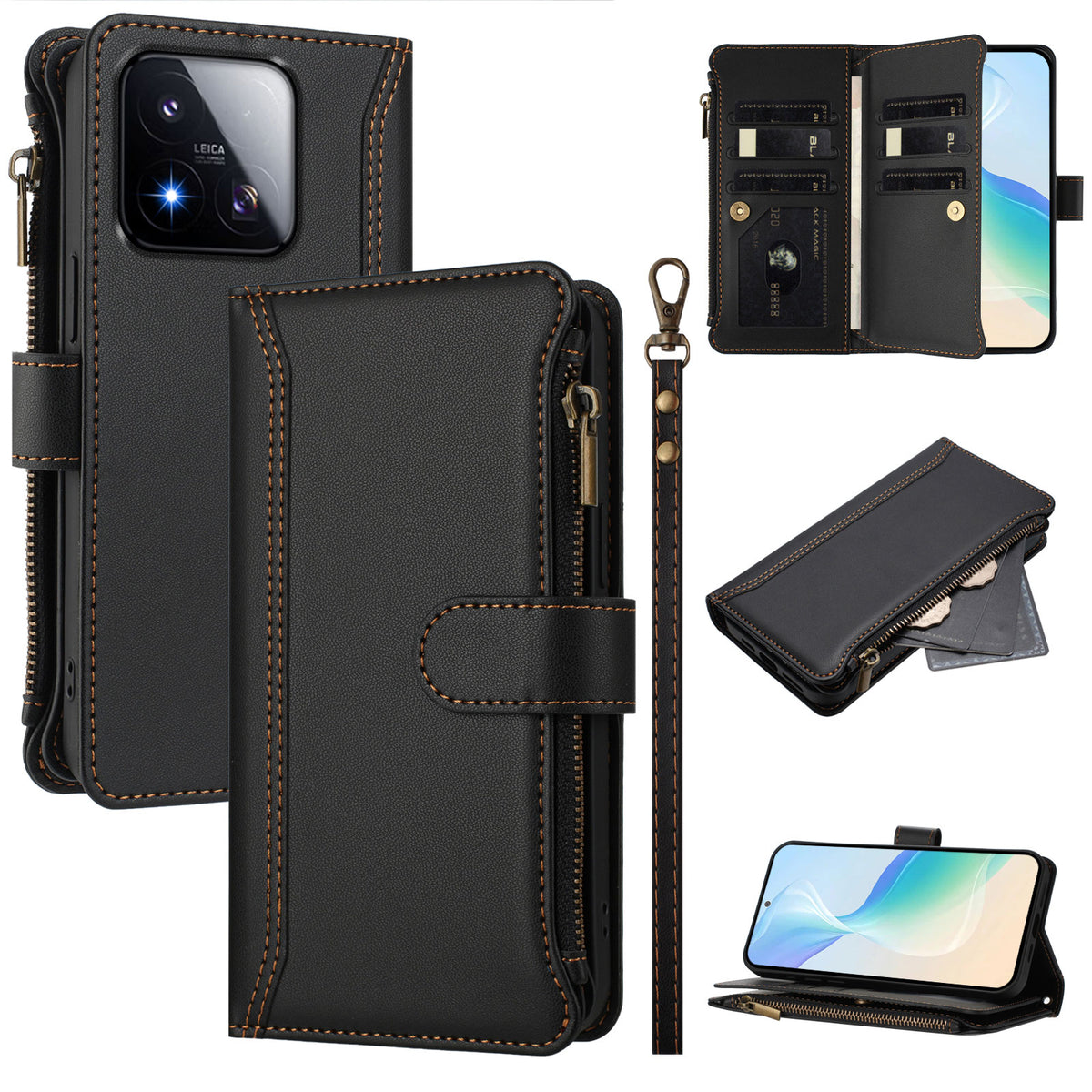 For Xiaomi 17 Max Leather Case 9 Card Slots Zipper Wallet Stand Phone Cover with Wrist Strap