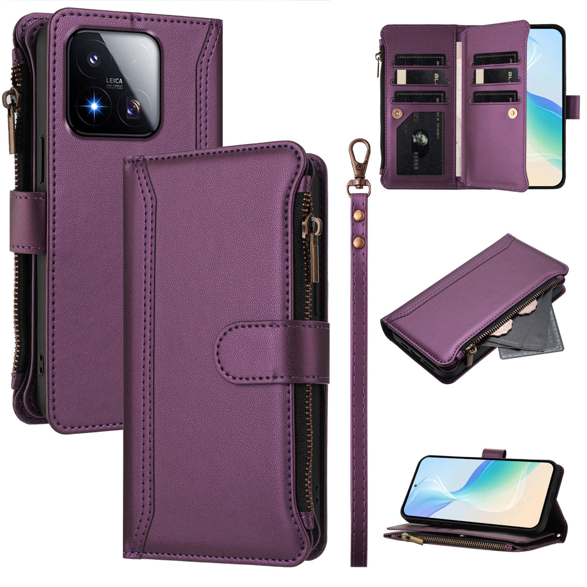 For Xiaomi 17 Max Leather Case 9 Card Slots Zipper Wallet Stand Phone Cover with Wrist Strap