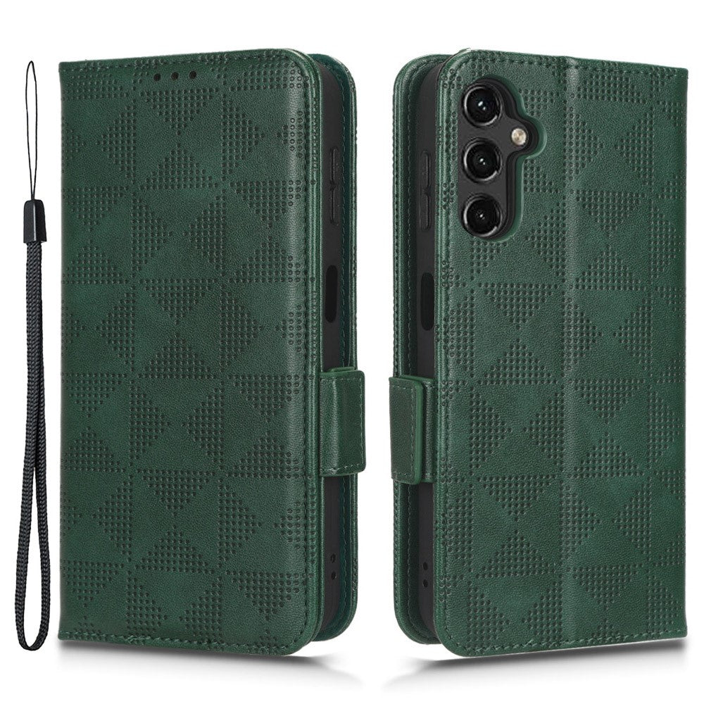 Mobilskal med tryckt triangelmönster för Samsung Galaxy A14 5G / A14 4G, PU-läder, plånboksfodral, stötsäkert smartphoneskal med handrem