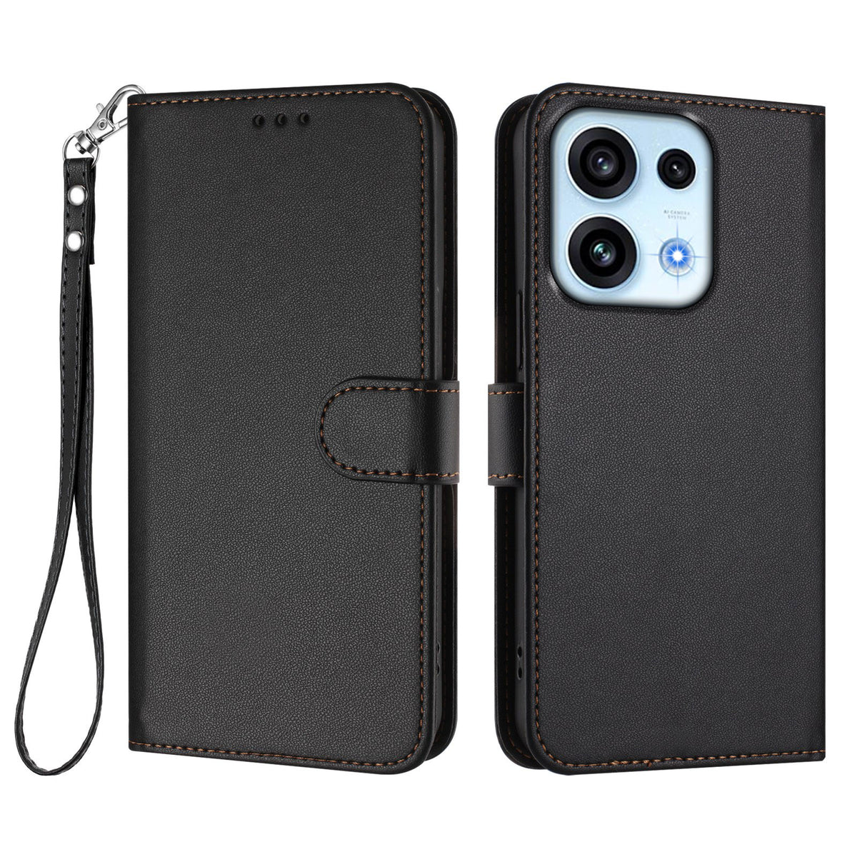 Til Oppo Reno16 FS 5G / Oppo Reno16 F 5G læderetui pung stander telefoncover med håndledsrem