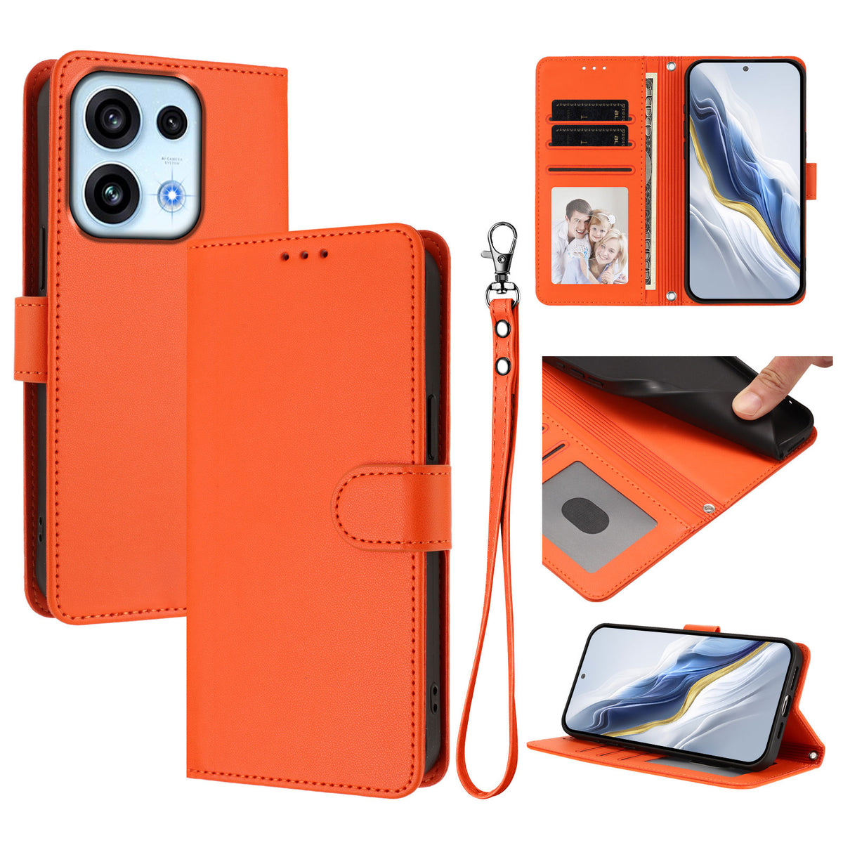 Til Oppo Reno16 FS 5G / Oppo Reno16 F 5G læderetui pung stander telefoncover med håndledsrem