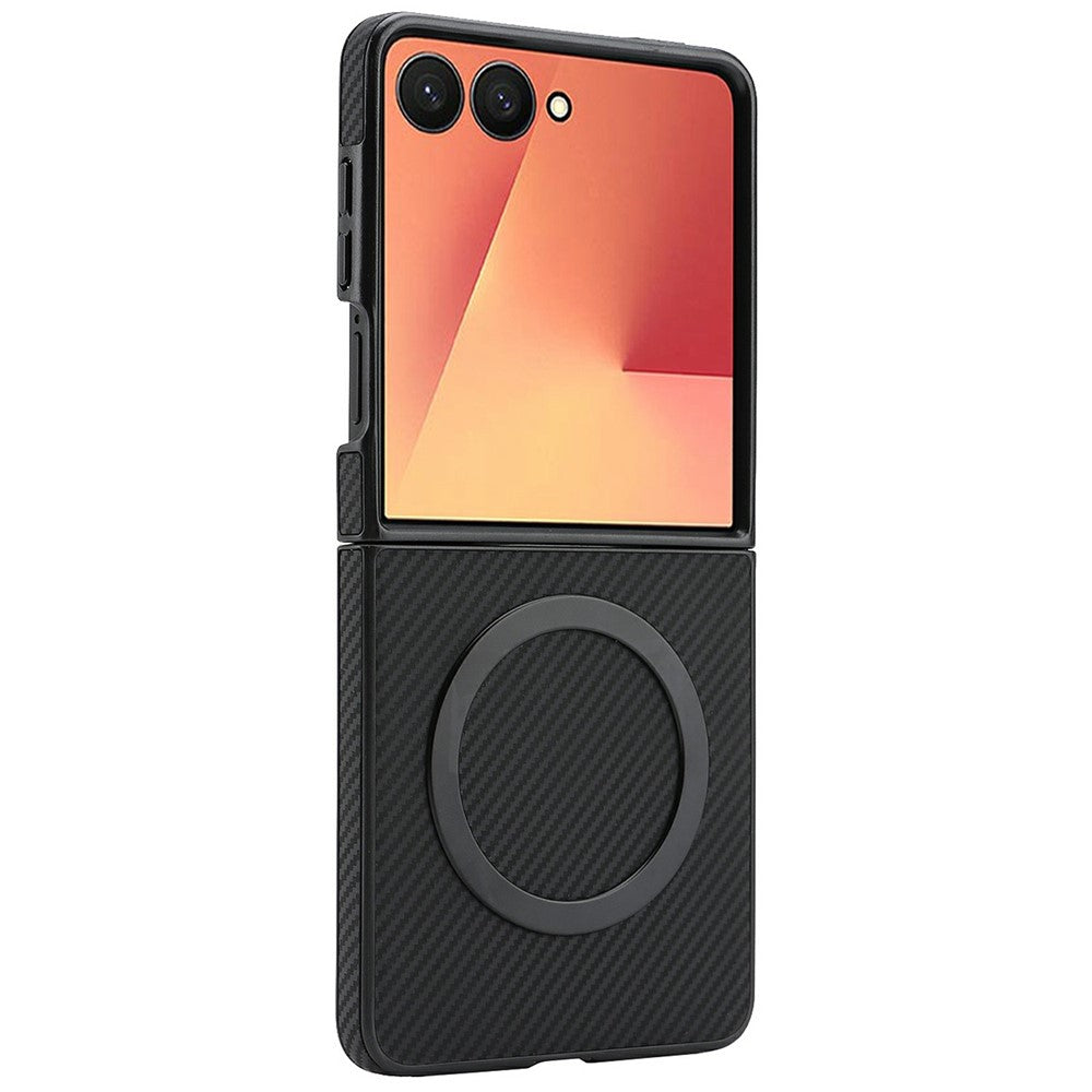 Samsung Galaxy Z Flip8-skal med sideklistret kolfiberstruktur, PU- og TPU-mobilskal med magnetisk metalring