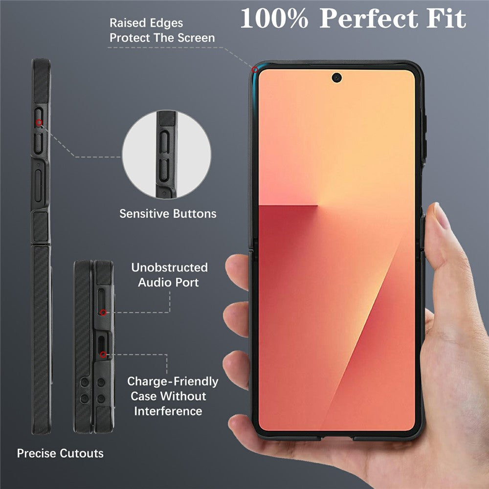 Samsung Galaxy Z Flip8-skal med sideklistret kolfiberstruktur, PU- og TPU-mobilskal med magnetisk metalring