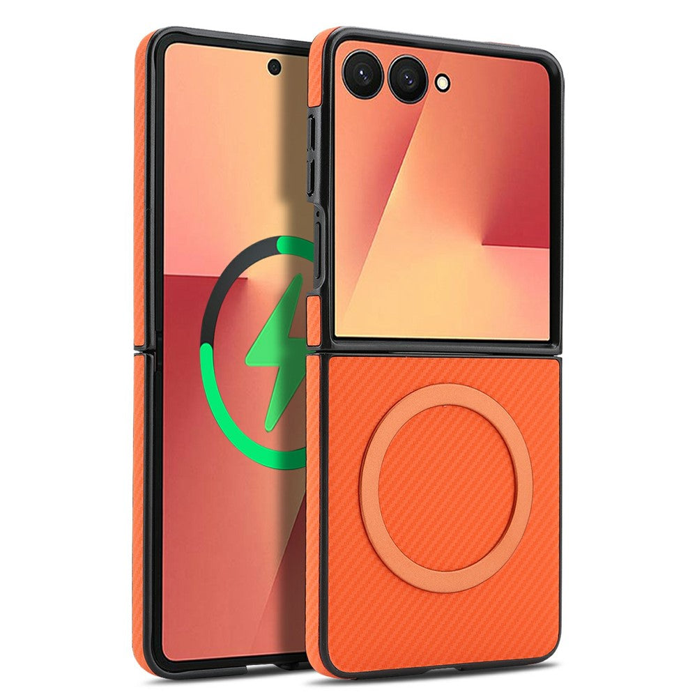 Samsung Galaxy Z Flip8-skal med sideklistret kolfiberstruktur, PU- og TPU-mobilskal med magnetisk metalring