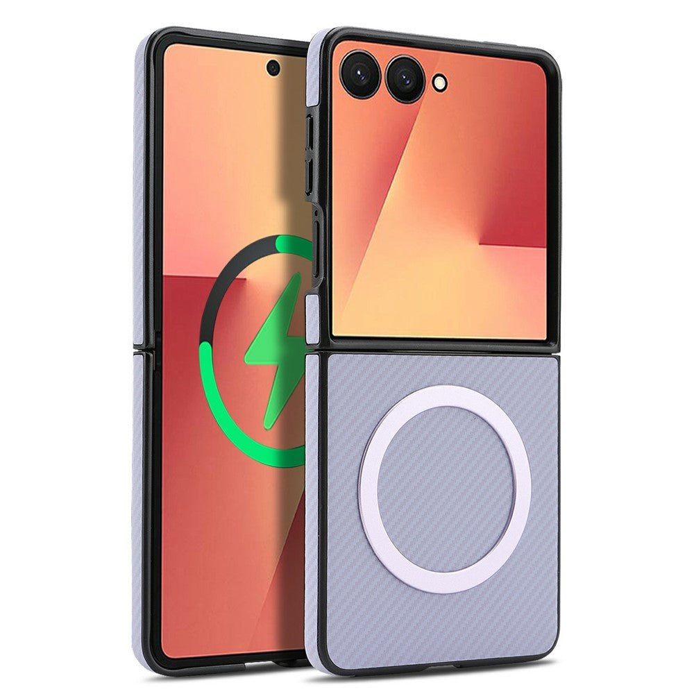 Samsung Galaxy Z Flip8-skal med sideklistret kolfiberstruktur, PU- og TPU-mobilskal med magnetisk metalring
