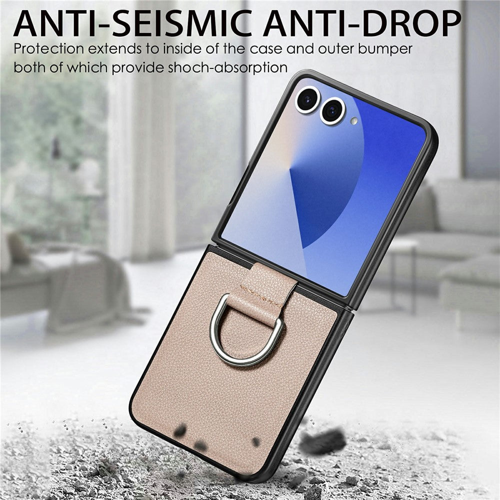 For Samsung Galaxy Z Flip7 5G Case Litchi Texture Leather + Pc Phone Cover with Ring Holder
