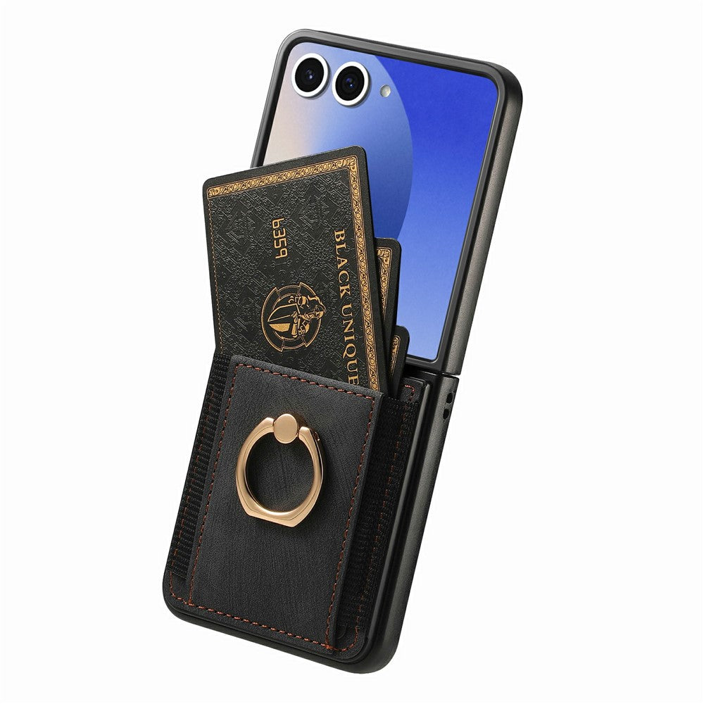 For Samsung Galaxy Z Flip7 5G Case Card Holder Retro Leather + PC Phone Cover with Ring Kickstand