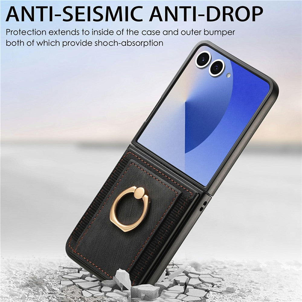 For Samsung Galaxy Z Flip7 5G Case Card Holder Retro Leather + PC Phone Cover with Ring Kickstand