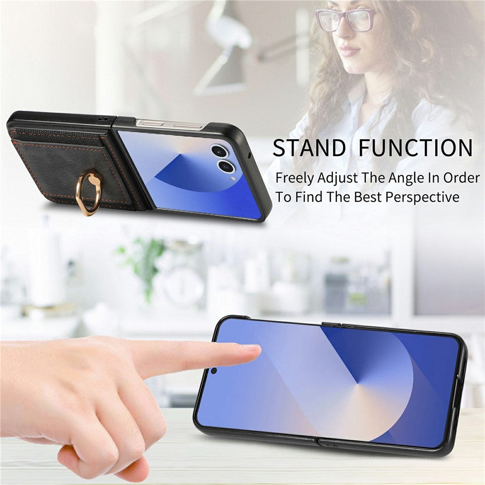 For Samsung Galaxy Z Flip7 5G Case Card Holder Retro Leather + PC Phone Cover with Ring Kickstand
