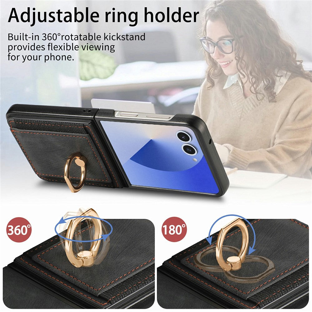 For Samsung Galaxy Z Flip7 5G Case Card Holder Retro Leather + PC Phone Cover with Ring Kickstand