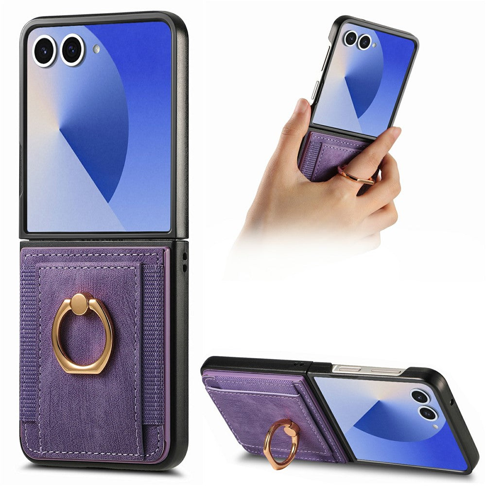 For Samsung Galaxy Z Flip7 5G Case Card Holder Retro Leather + PC Phone Cover with Ring Kickstand