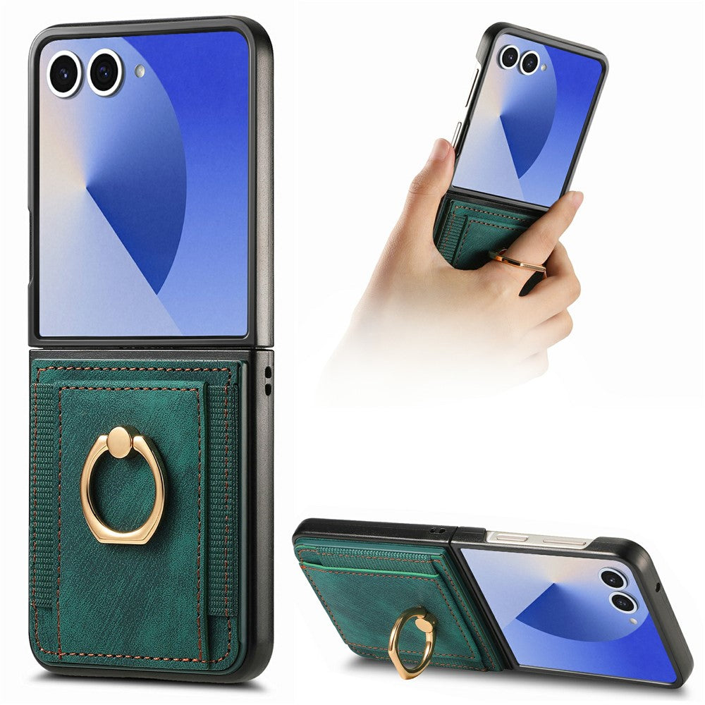 For Samsung Galaxy Z Flip7 5G Case Card Holder Retro Leather + PC Phone Cover with Ring Kickstand