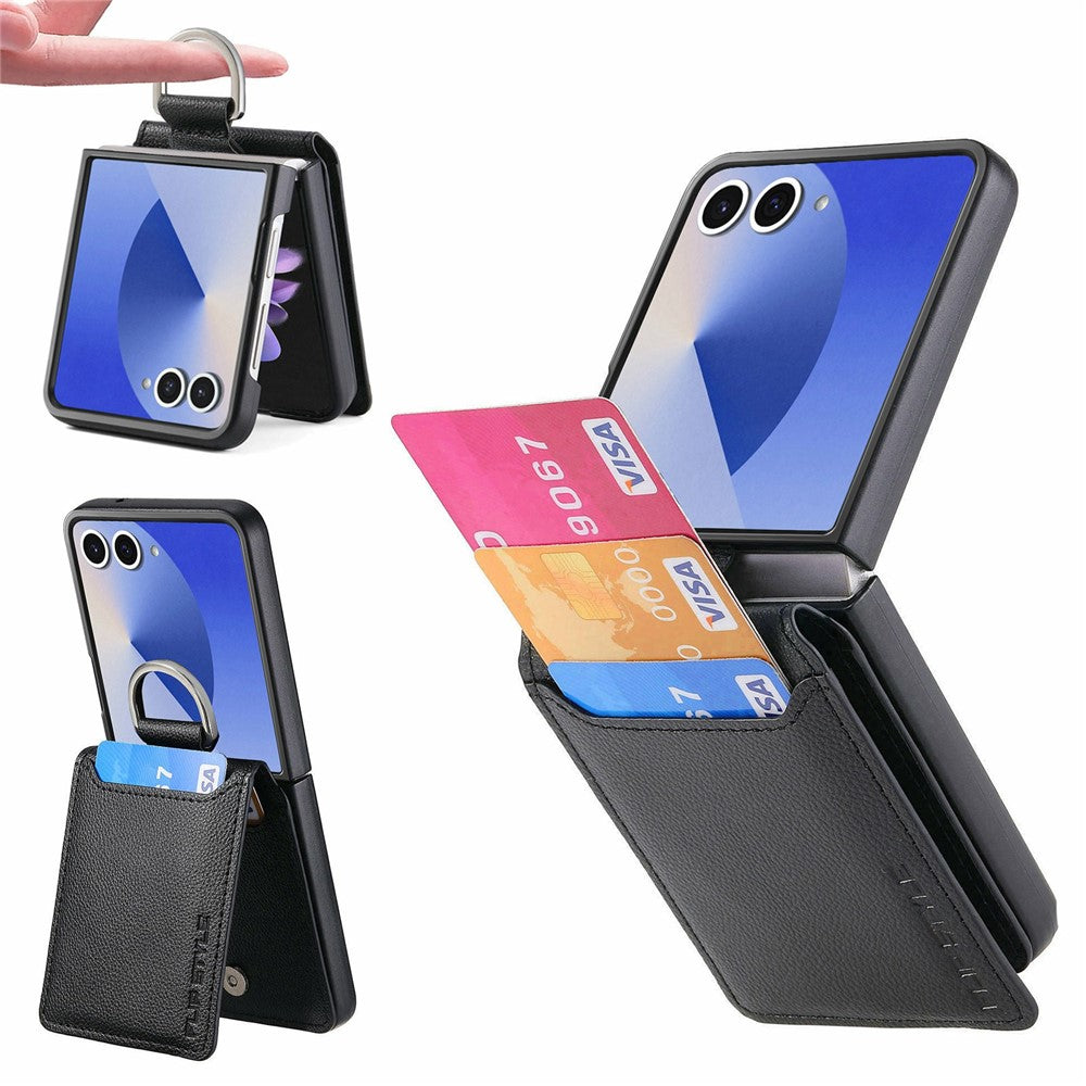 For Samsung Galaxy Z Flip8 Case Card Holder Kickstand PU + PC Phone Cover with Finger Ring