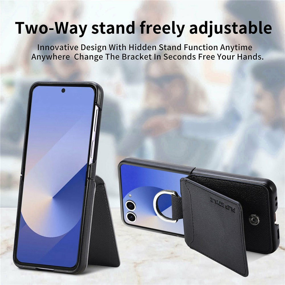 For Samsung Galaxy Z Flip8 Case Card Holder Kickstand PU + PC Phone Cover with Finger Ring