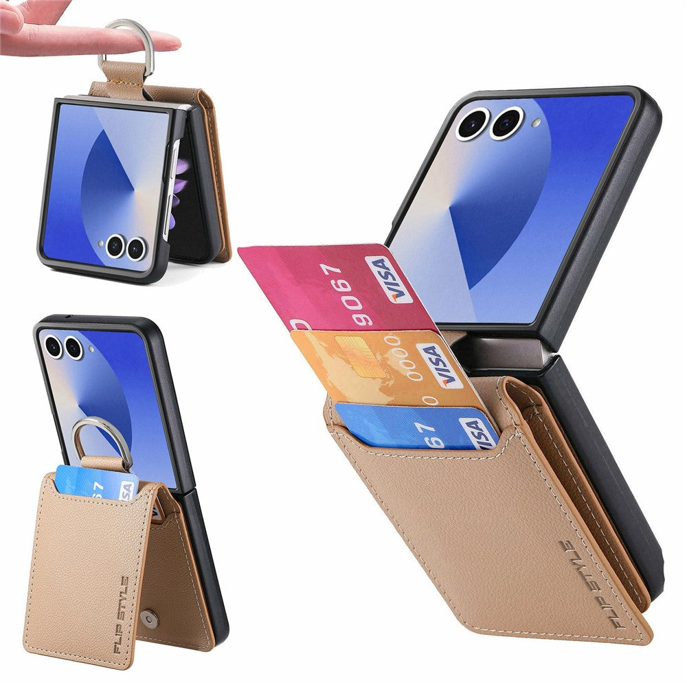 For Samsung Galaxy Z Flip8 Case Card Holder Kickstand PU + PC Phone Cover with Finger Ring