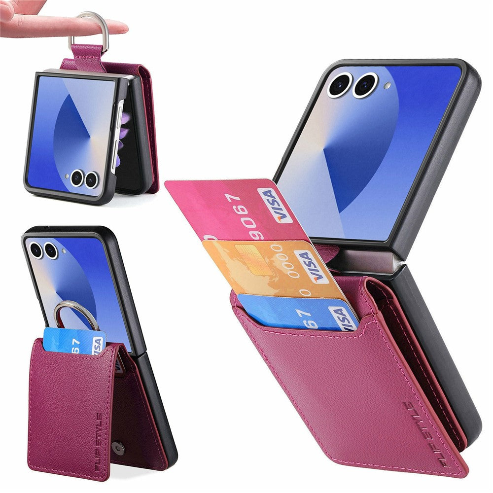 For Samsung Galaxy Z Flip8 Case Card Holder Kickstand PU + PC Phone Cover with Finger Ring