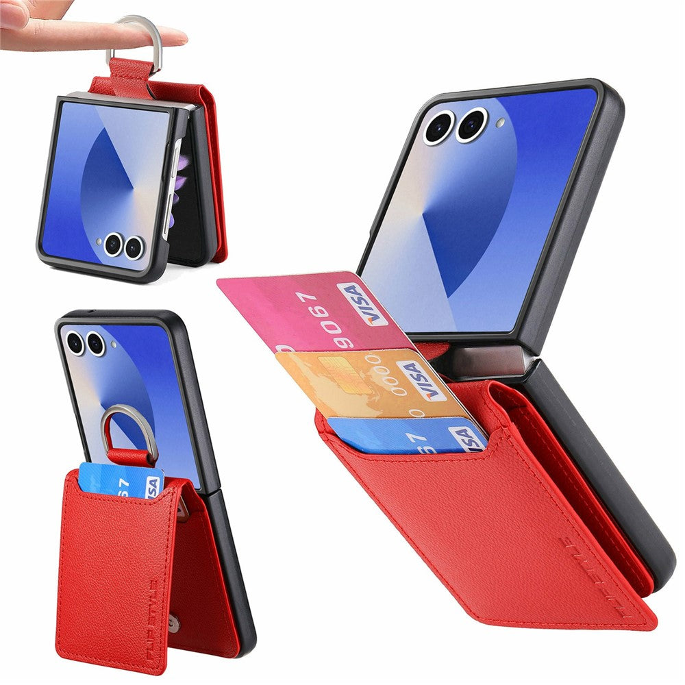 For Samsung Galaxy Z Flip8 Case Card Holder Kickstand PU + PC Phone Cover with Finger Ring