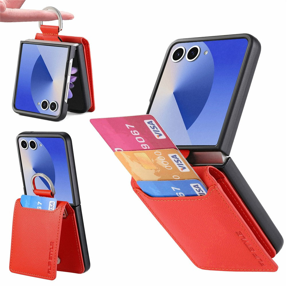 For Samsung Galaxy Z Flip8 Case Card Holder Kickstand PU + PC Phone Cover with Finger Ring