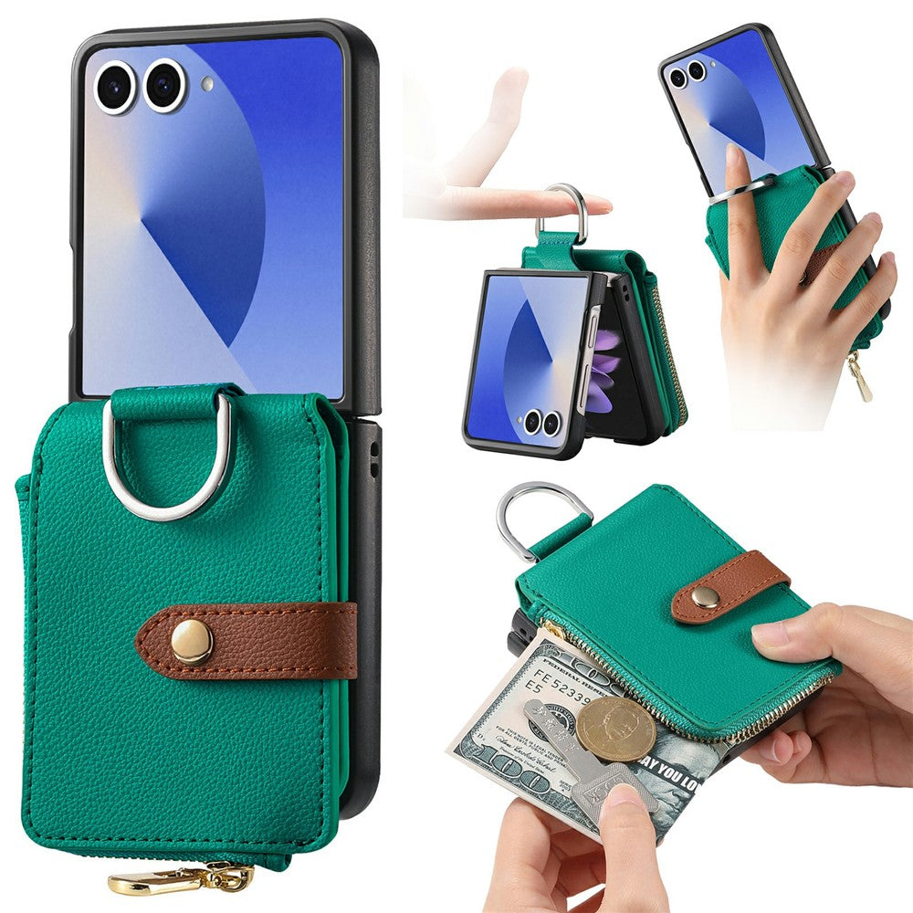 For Samsung Galaxy Z Flip7 5G Case Litchi Texture Leather Zipper Card Holder Phone Back Cover