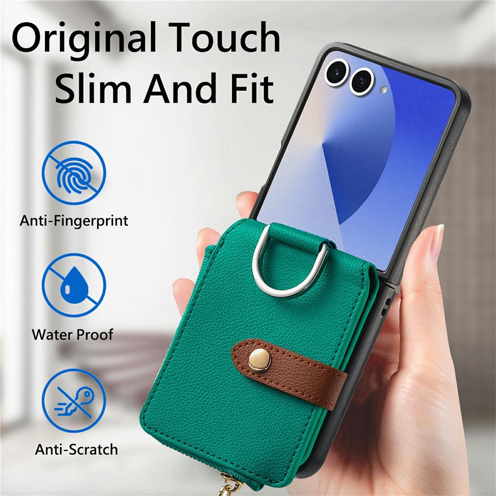 For Samsung Galaxy Z Flip7 5G Case Litchi Texture Leather Zipper Card Holder Phone Back Cover