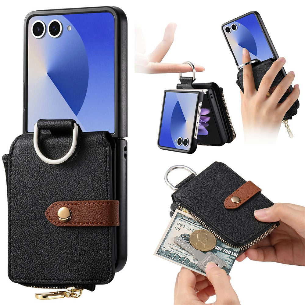 For Samsung Galaxy Z Flip7 5G Case Litchi Texture Leather Zipper Card Holder Phone Back Cover