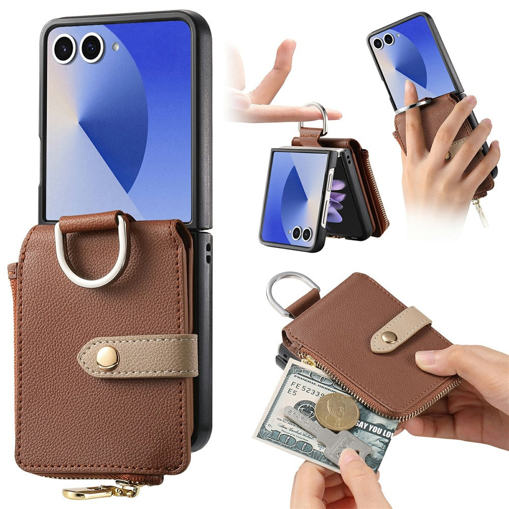 For Samsung Galaxy Z Flip7 5G Case Litchi Texture Leather Zipper Card Holder Phone Back Cover