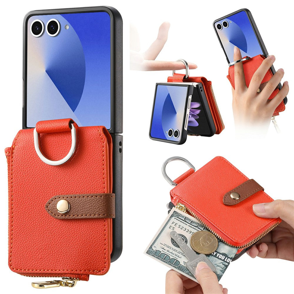 For Samsung Galaxy Z Flip7 5G Case Litchi Texture Leather Zipper Card Holder Phone Back Cover