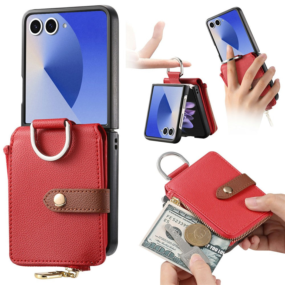 For Samsung Galaxy Z Flip7 5G Case Litchi Texture Leather Zipper Card Holder Phone Back Cover