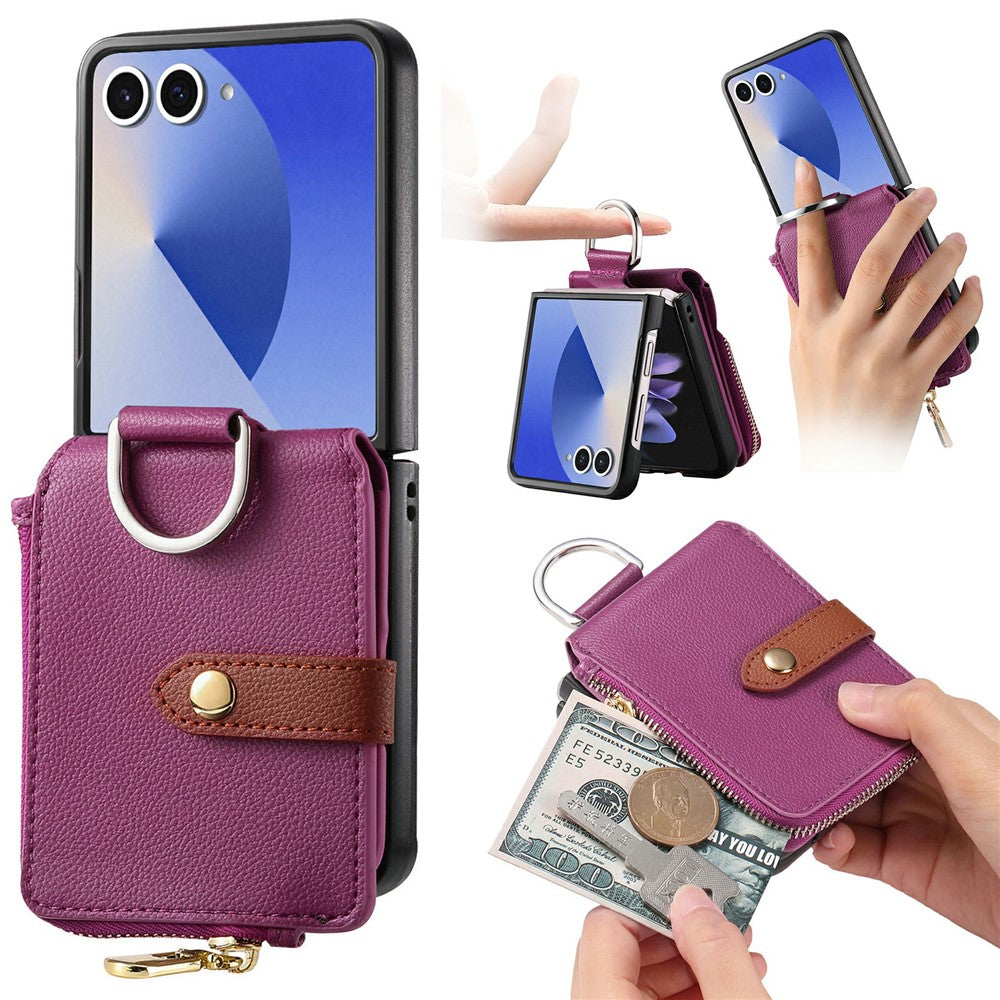 For Samsung Galaxy Z Flip7 5G Case Litchi Texture Leather Zipper Card Holder Phone Back Cover
