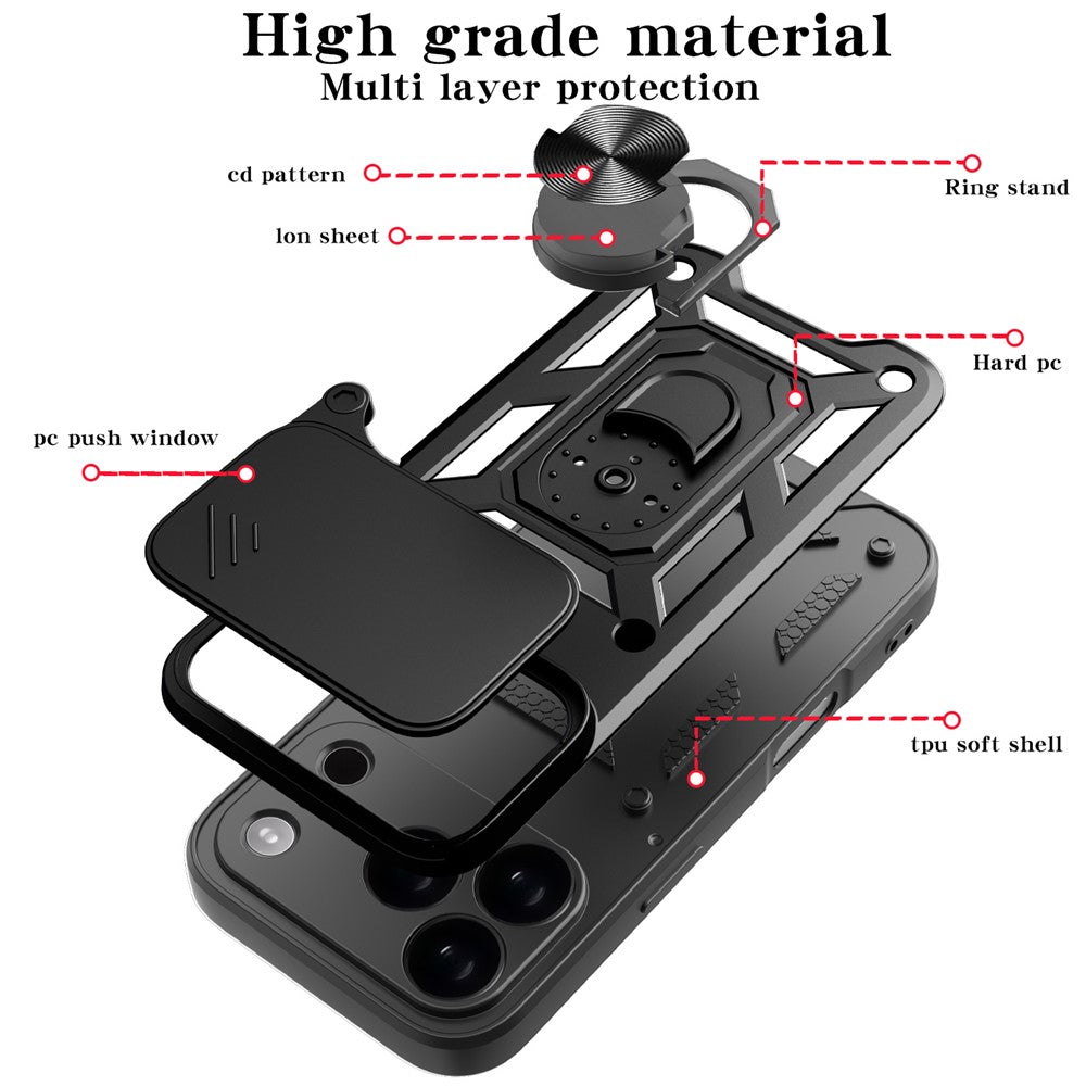 Til iPhone 18 Pro / 17 Pro cover med skydelåg til kamera PC + TPU stativ telefoncover