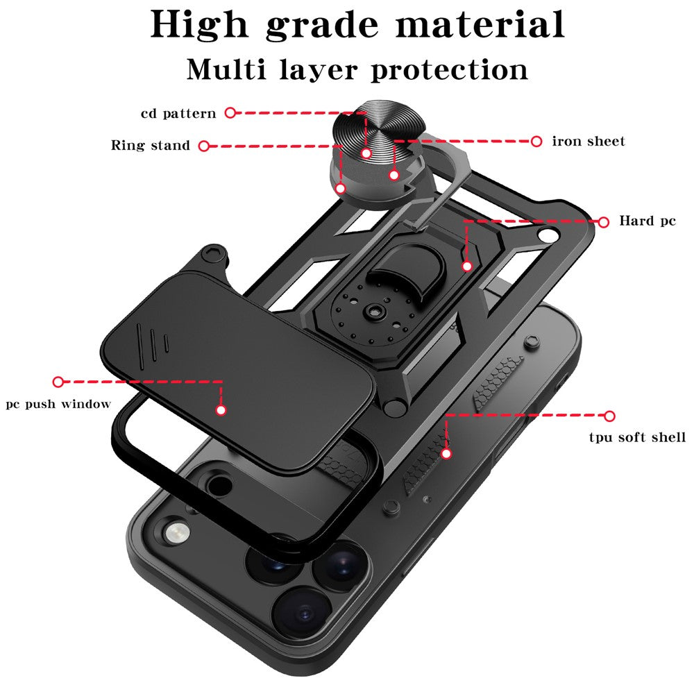 For iPhone 18 Pro Max / 17 Pro Max Case with Slide Camera Lid PC + TPU Kickstand Phone Cover