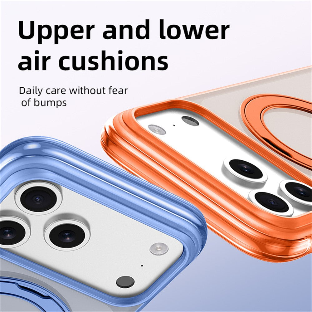 Til iPhone 18 Pro / 17 Pro cover med magnetisk støtteben, Air Cushion, mat gennemsigtig PC + TPU telefoncover