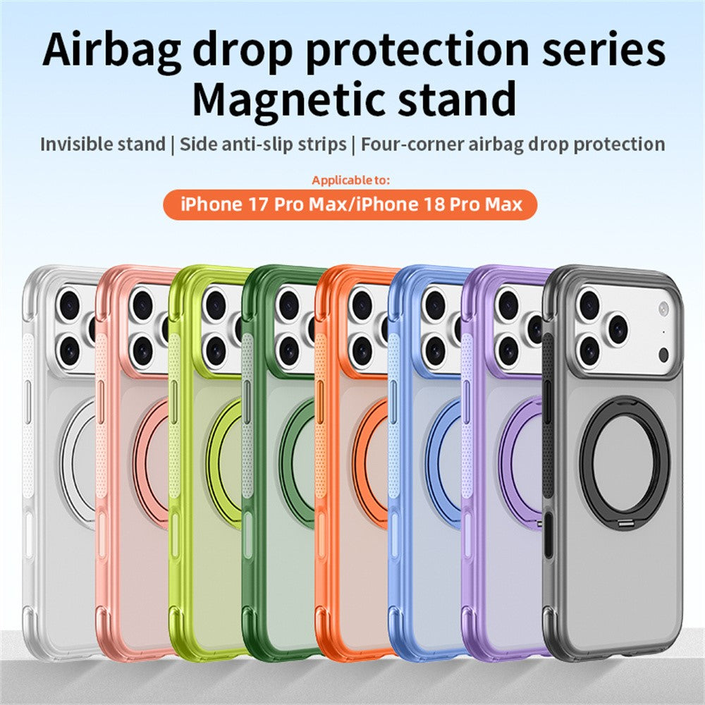 Til iPhone 18 Pro / 17 Pro cover med magnetisk støtteben, Air Cushion, mat gennemsigtig PC + TPU telefoncover