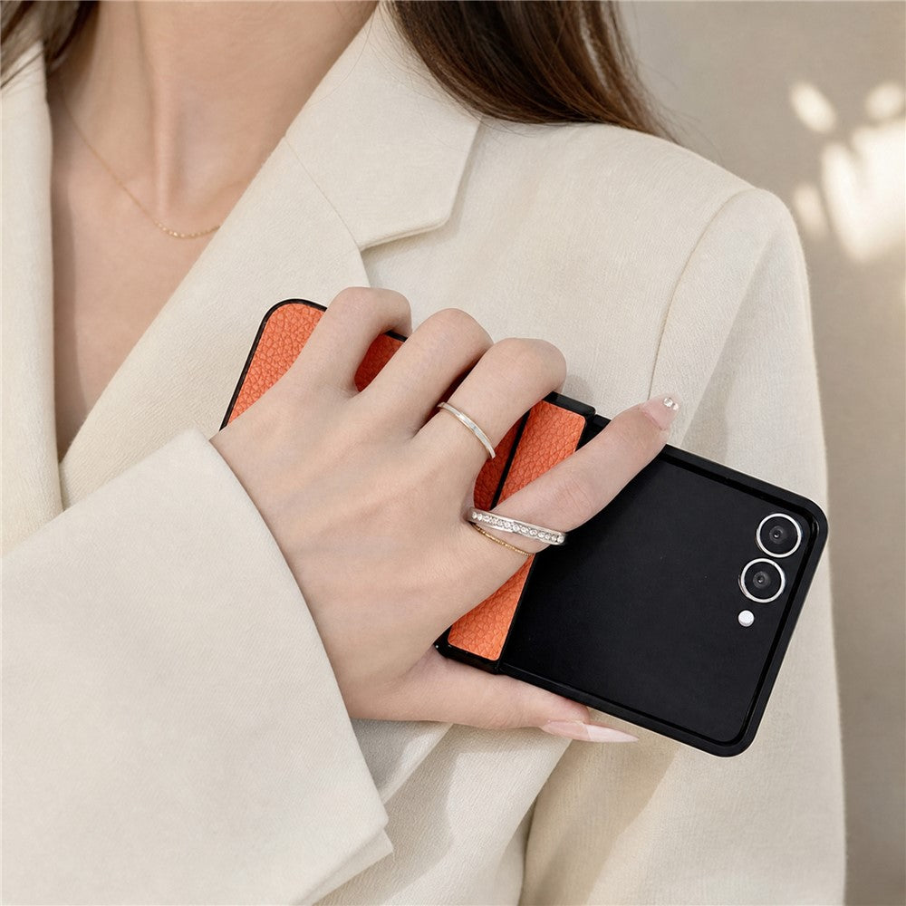 For Samsung Galaxy Z Flip8 Case Litchi Texture Leather Coated PC + TPU Shockproof Phone Cover with Ring Holder