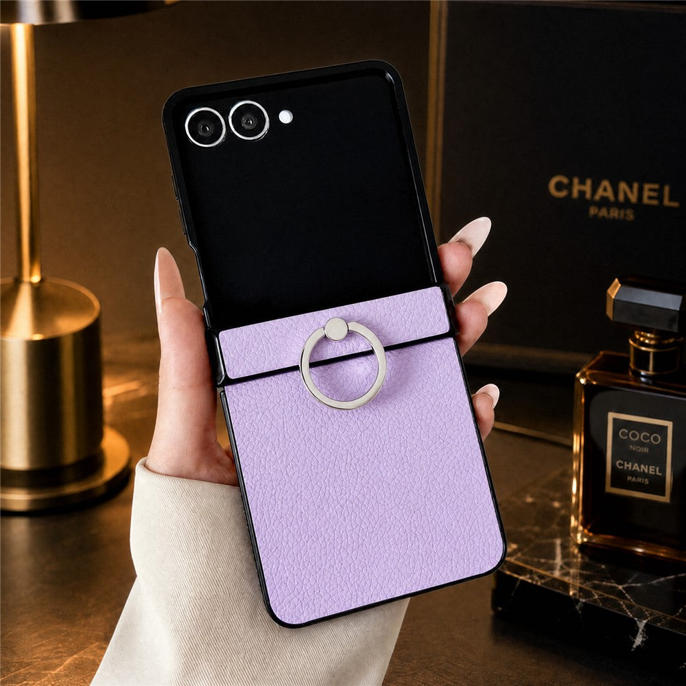 For Samsung Galaxy Z Flip8 Case Litchi Texture Leather Coated PC + TPU Shockproof Phone Cover with Ring Holder