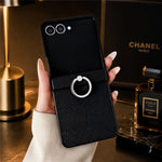 For Samsung Galaxy Z Flip8 Case Litchi Texture Leather Coated PC + TPU Shockproof Phone Cover with Ring Holder
