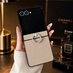 For Samsung Galaxy Z Flip8 Case Litchi Texture Leather Coated PC + TPU Shockproof Phone Cover with Ring Holder