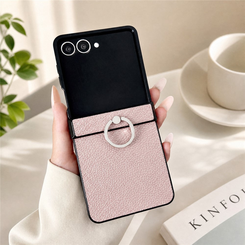 For Samsung Galaxy Z Flip8 Case Litchi Texture Leather Coated PC + TPU Shockproof Phone Cover with Ring Holder