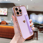 For iPhone 15 Pro Max Case with Strip Kickstand Electroplating Edge Love Heart Soft TPU Phone Cover