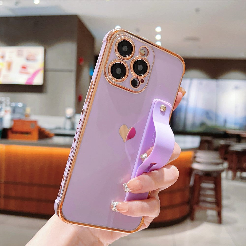 For iPhone 15 Pro Max Case with Strip Kickstand Electroplating Edge Love Heart Soft TPU Phone Cover