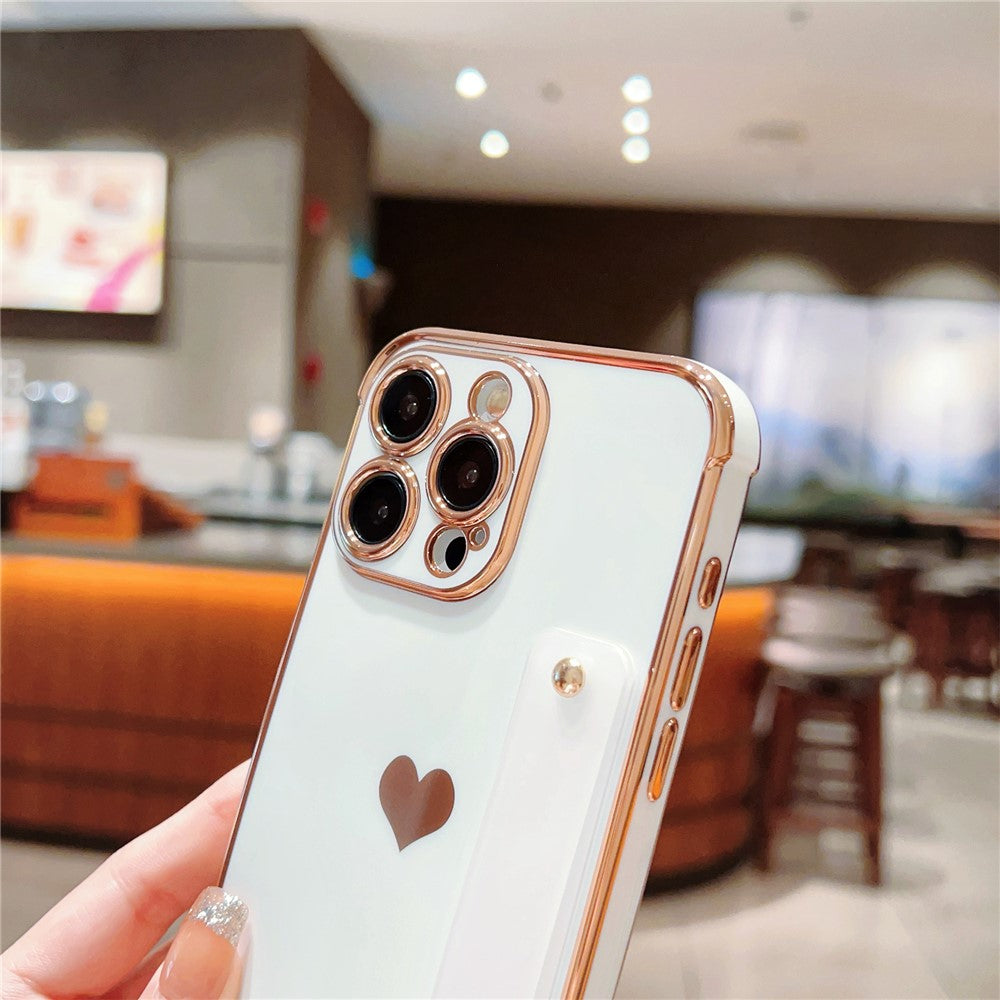 For iPhone 15 Pro Max Case with Strip Kickstand Electroplating Edge Love Heart Soft TPU Phone Cover