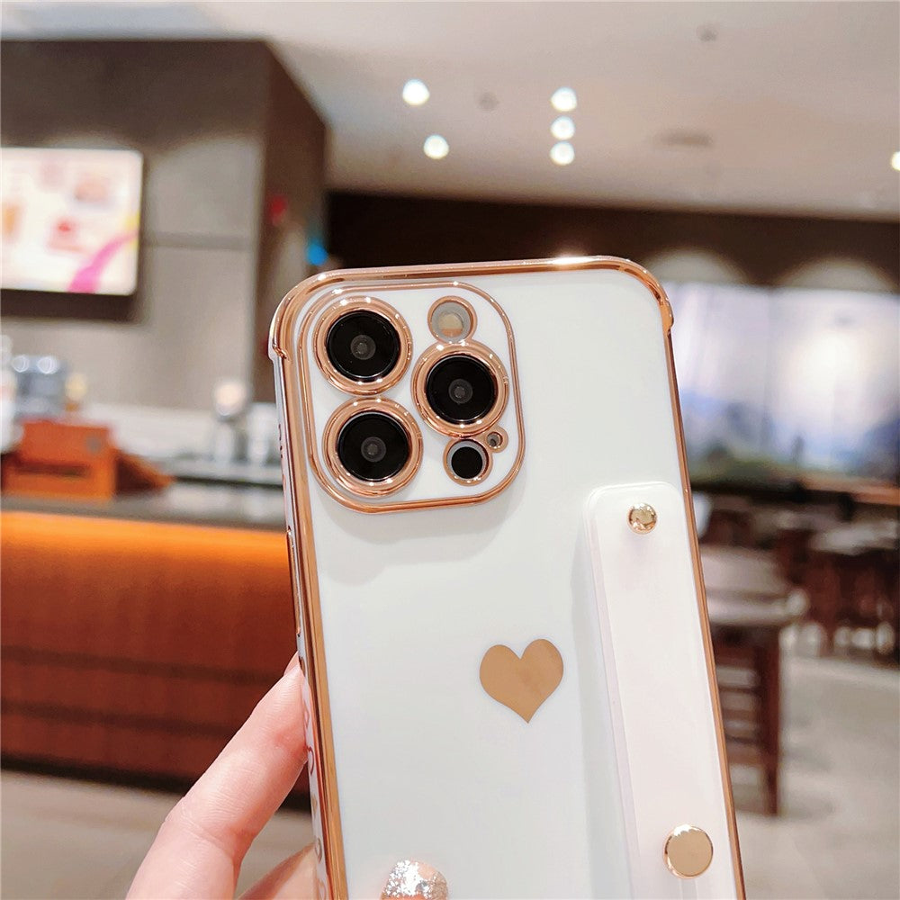 For iPhone 15 Pro Max Case with Strip Kickstand Electroplating Edge Love Heart Soft TPU Phone Cover