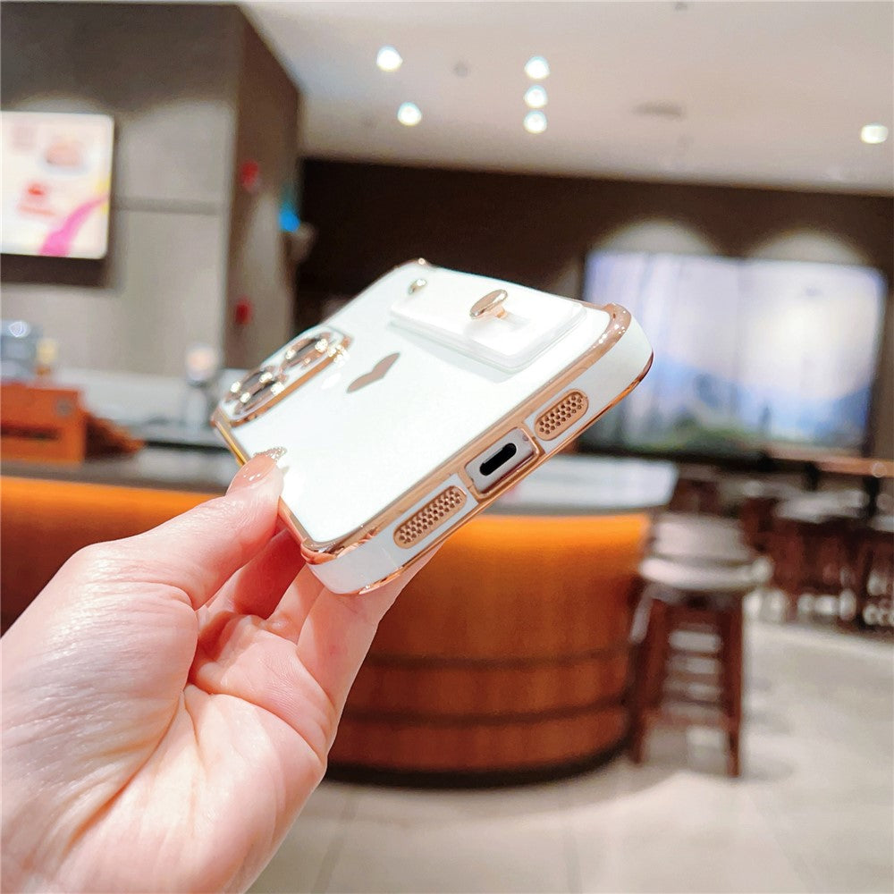 For iPhone 15 Pro Max Case with Strip Kickstand Electroplating Edge Love Heart Soft TPU Phone Cover