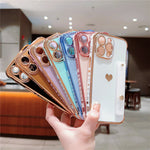 For iPhone 15 Pro Max Case with Strip Kickstand Electroplating Edge Love Heart Soft TPU Phone Cover