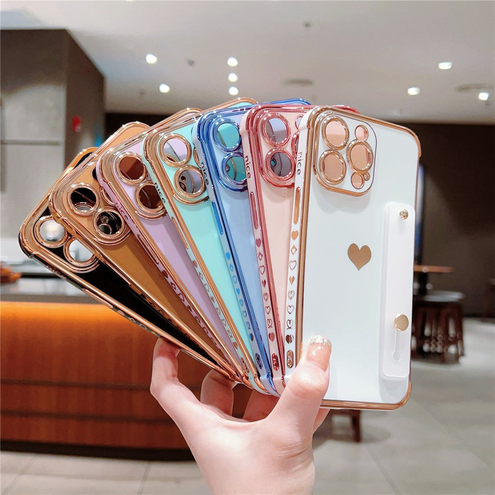For iPhone 15 Pro Max Case with Strip Kickstand Electroplating Edge Love Heart Soft TPU Phone Cover