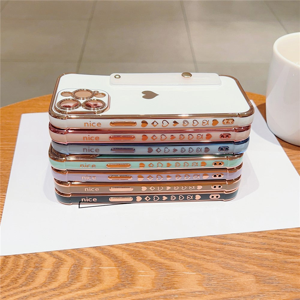 For iPhone 15 Pro Max Case with Strip Kickstand Electroplating Edge Love Heart Soft TPU Phone Cover