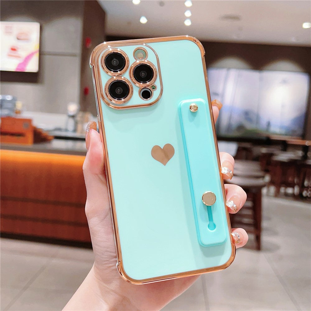 For iPhone 15 Pro Max Case with Strip Kickstand Electroplating Edge Love Heart Soft TPU Phone Cover