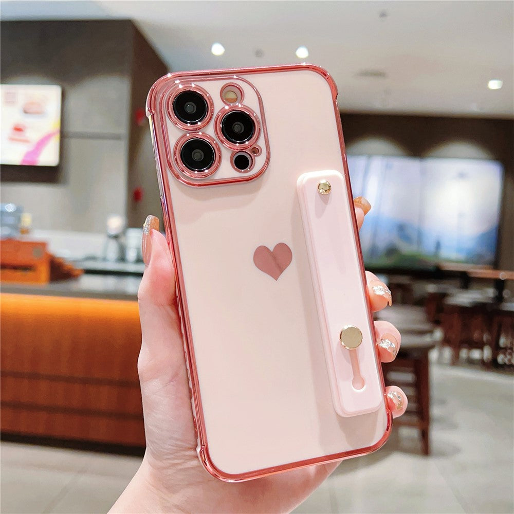 For iPhone 15 Pro Max Case with Strip Kickstand Electroplating Edge Love Heart Soft TPU Phone Cover