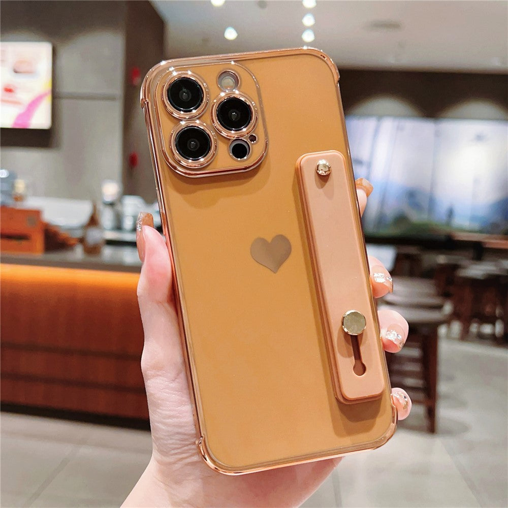 For iPhone 15 Pro Max Case with Strip Kickstand Electroplating Edge Love Heart Soft TPU Phone Cover